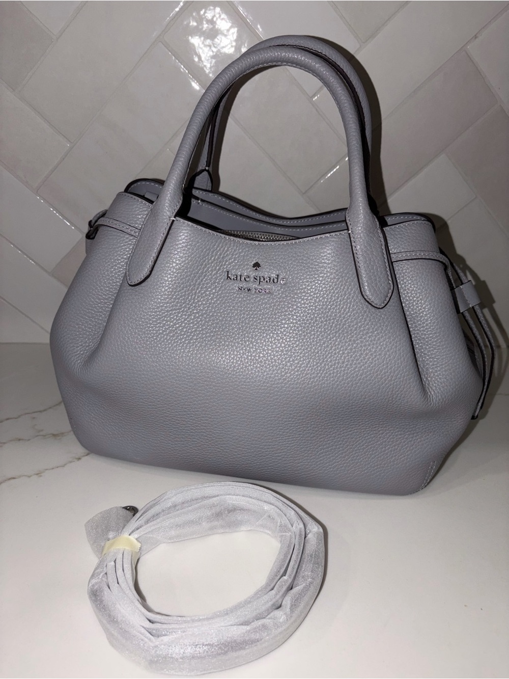 Kate Spade Large Dumpling Satchel tote bag purse crossbody strap Mountain Grey